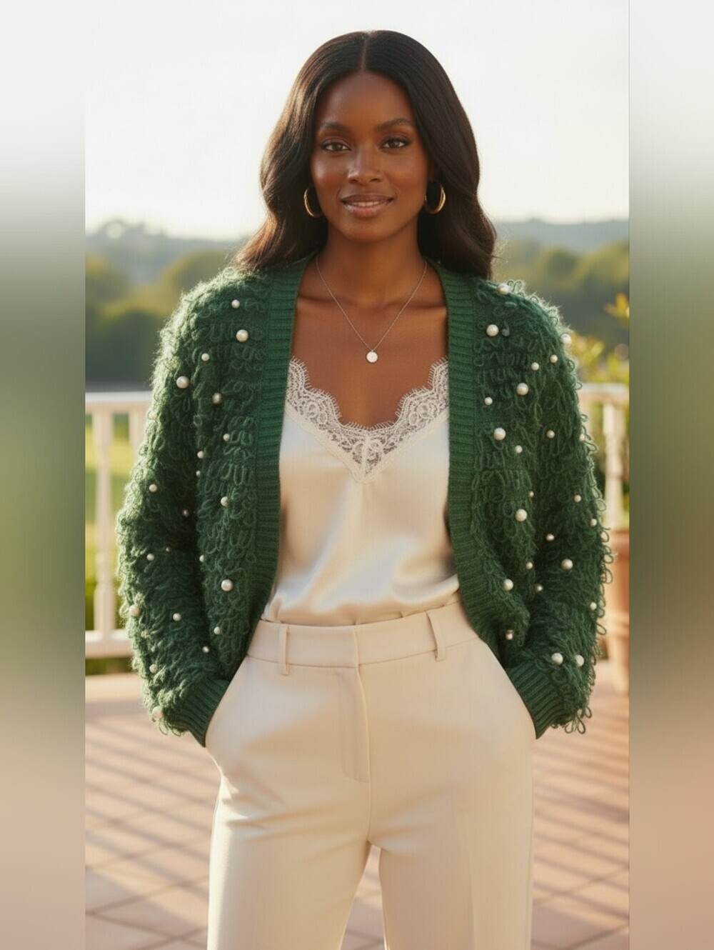 Mighty Fine Forest Green Pearl Embellished Bouclé Cropped Cardigan Cozy 2XL